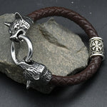 Viking rune bead Wolf Head Bracelet Stainless Steel Animal head Leather Bracelet For Women men gift