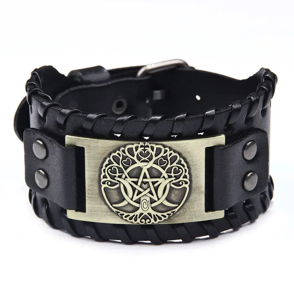 Punk Braided Rope Alloy Bracelet Wristband Adjustable Genuine Leather Bracelet Mens Leather Viking Totem Wristbands Wide Bangle