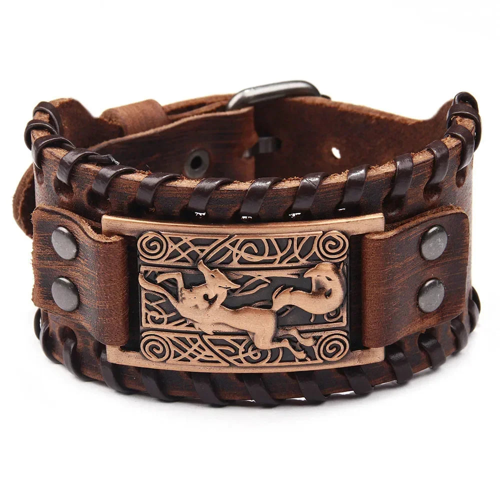 Punk Braided Rope Alloy Bracelet Wristband Adjustable Genuine Leather Bracelet Mens Leather Viking Totem Wristbands Wide Bangle