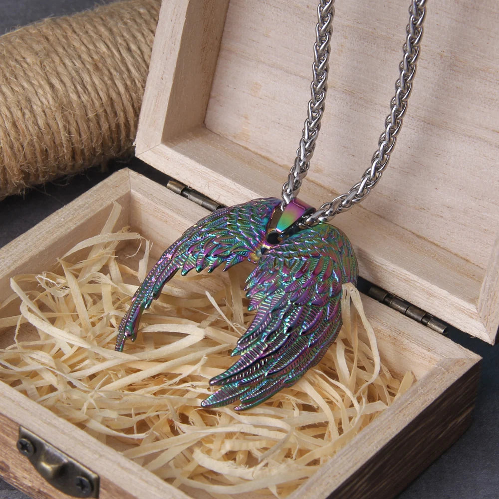 Classic Angel Wings Pendant necklace For Man Stainless Steel Good Detail Fashion Jewelry with wooden box as gift