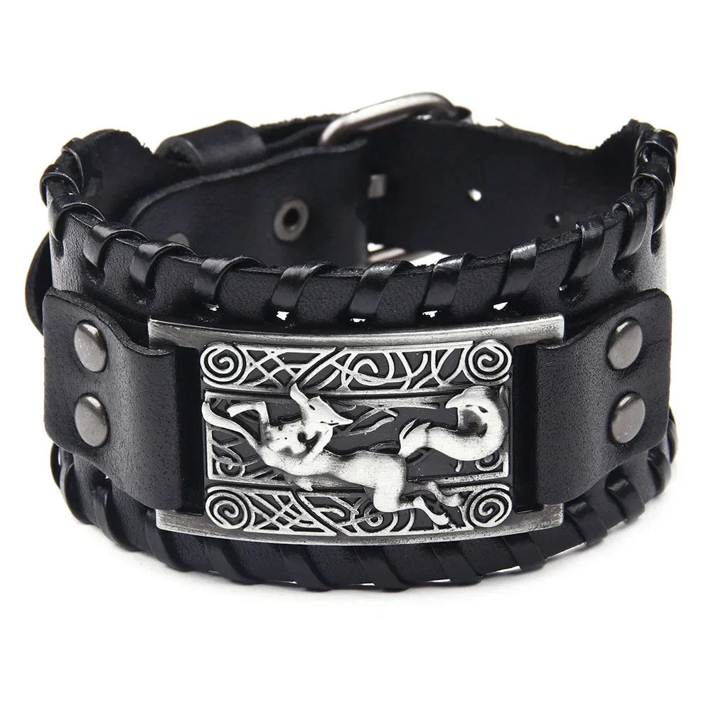 Punk Braided Rope Alloy Bracelet Wristband Adjustable Genuine Leather Bracelet Mens Leather Viking Totem Wristbands Wide Bangle