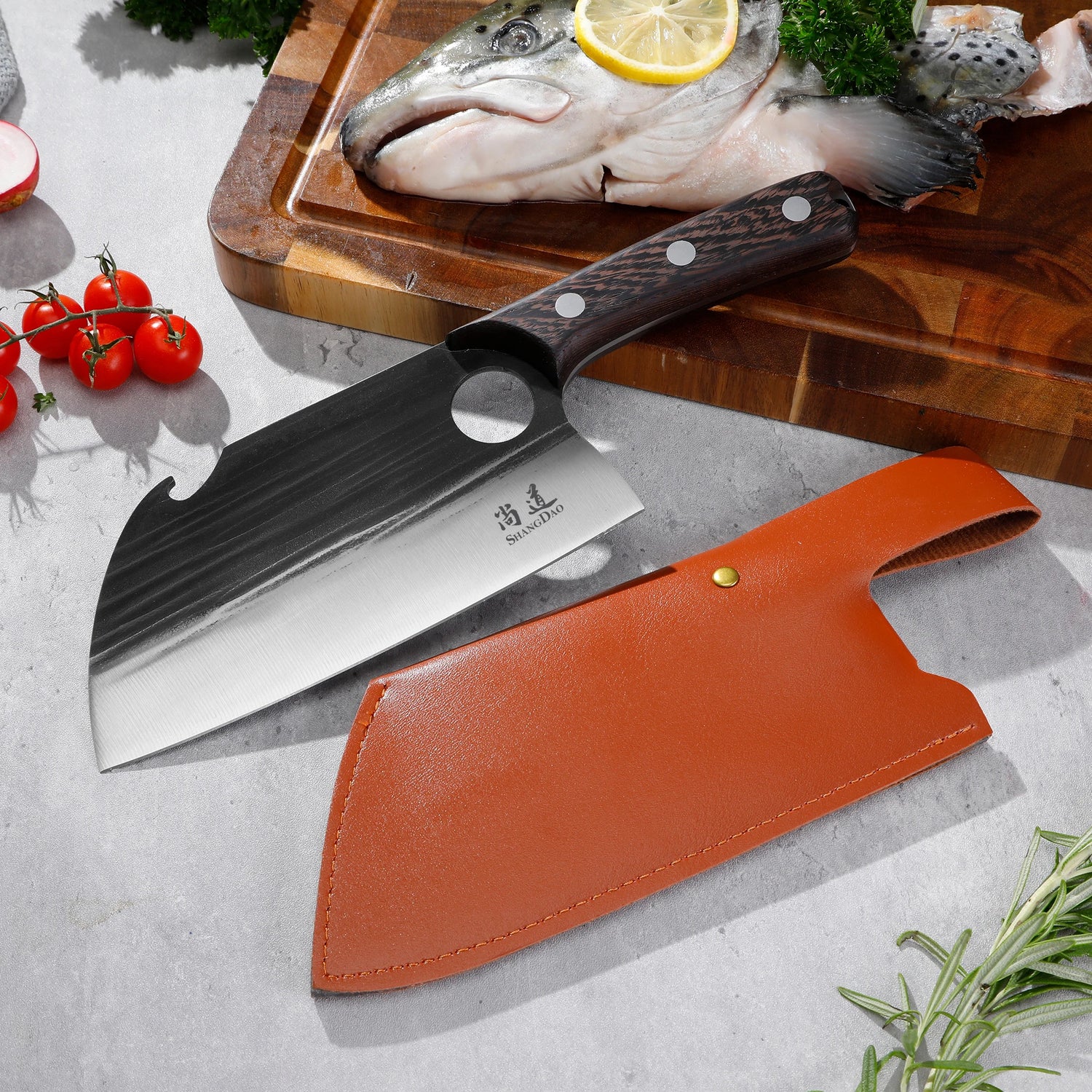SHANGDAO 7"Deba Knife, Hand Forged Cleaver Butcher Knife for Meat Cutting, Japanese Kitchen Viking Knife with Sheath