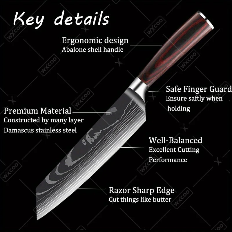 Stainless Steel Kitchen Knife Utility Knife With Painted Wood Handle 1pc Kitchen Meat Cleaver Damascus Pattern Cutting Knife