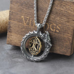 Stainless Steel Full Style Viking Rotating wolf ouroboros Pendant necklace with wooden box