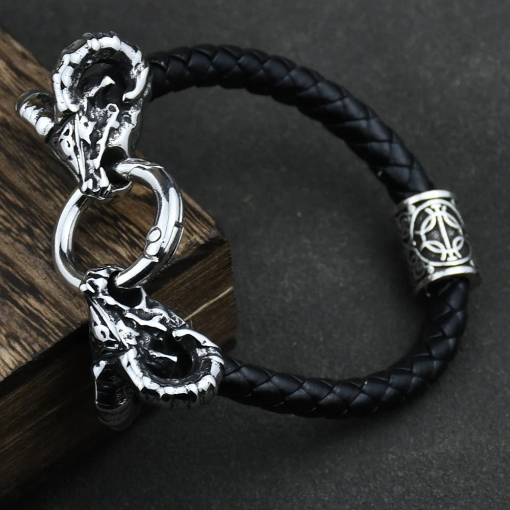 Viking Goat Head Bracelets Men Stainless Steel Vintage Viking Bangles rune Amulet Leather Icelandic Jewelry