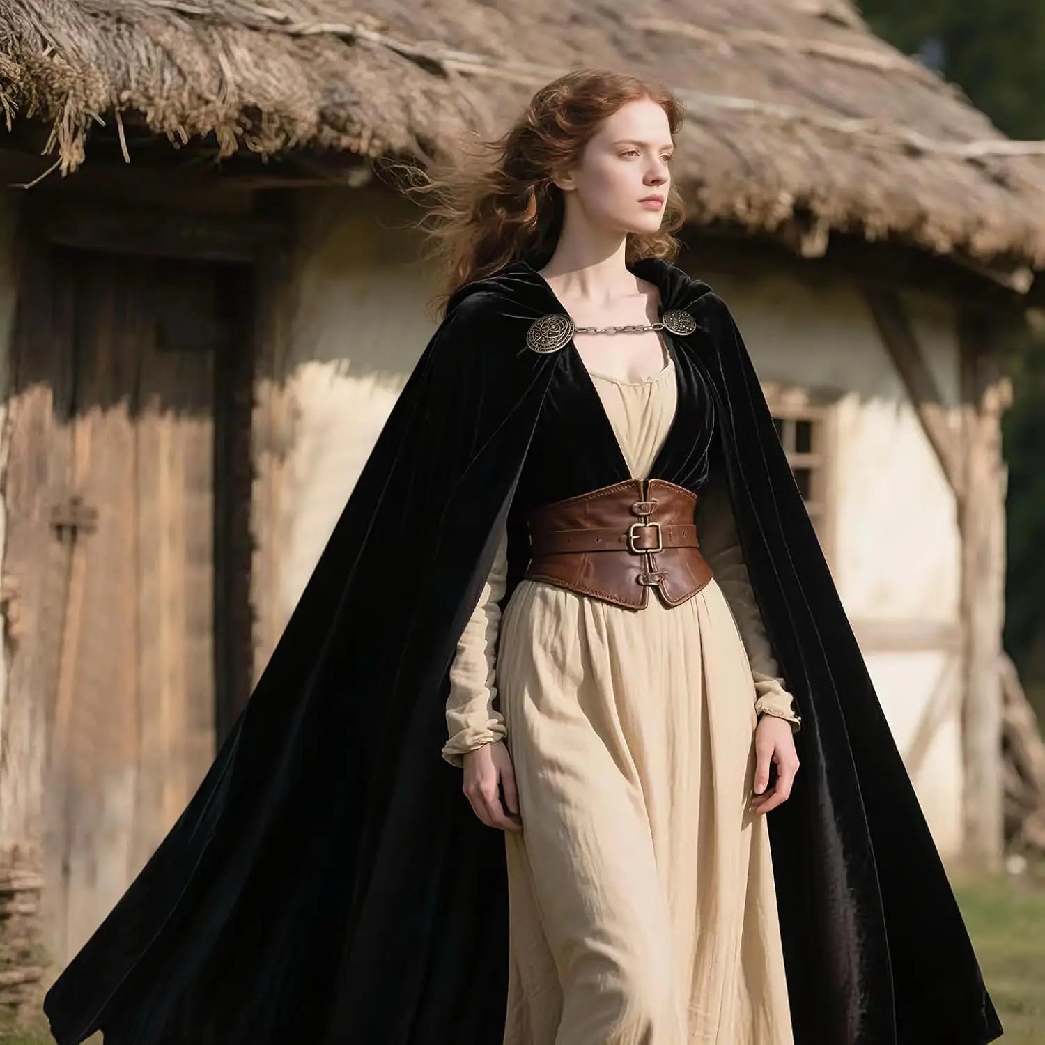 Viking Hooded Cape – Medieval Black Renaissance Cloak with Hood, Chain Clasp for Halloween, Cosplay & Costume Events