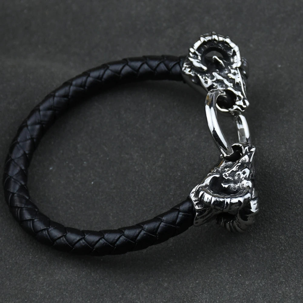Viking Goat Head Bracelets Men Stainless Steel Vintage Viking Bangles rune Amulet Leather Icelandic Jewelry