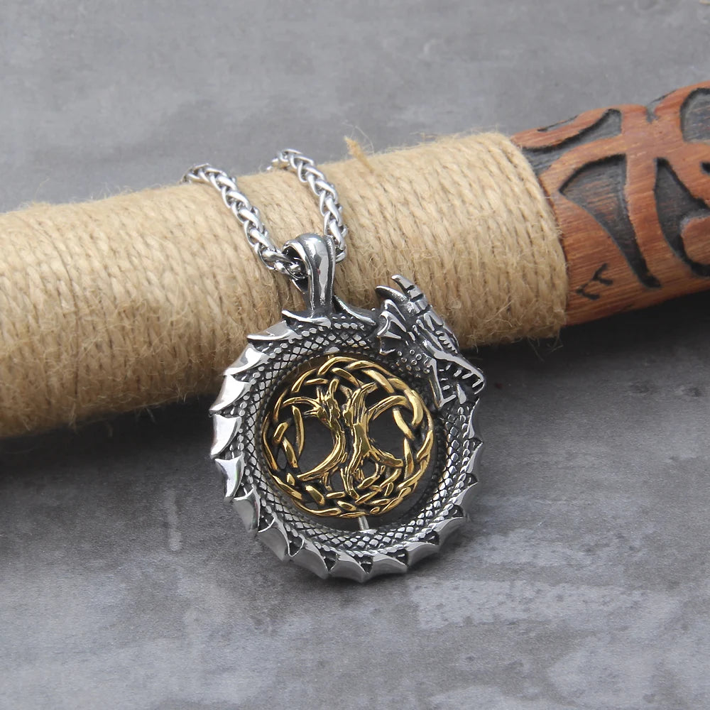 Fashion Gold Color rotating life tree in Amulet ouroboros Pendant Necklace with vikings wood box as men gift