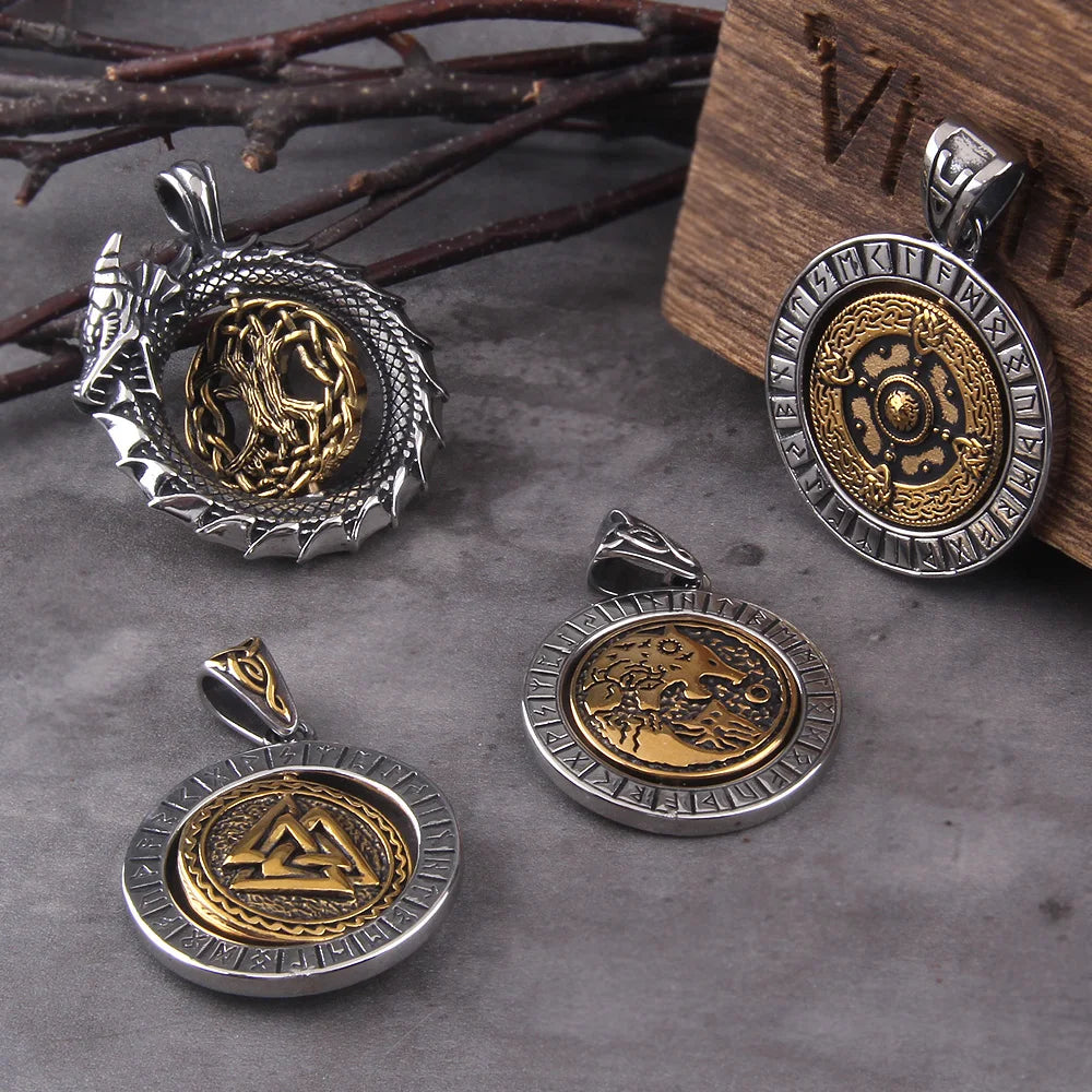 Stainless Steel Full Style Viking Rotating wolf ouroboros Pendant necklace with wooden box