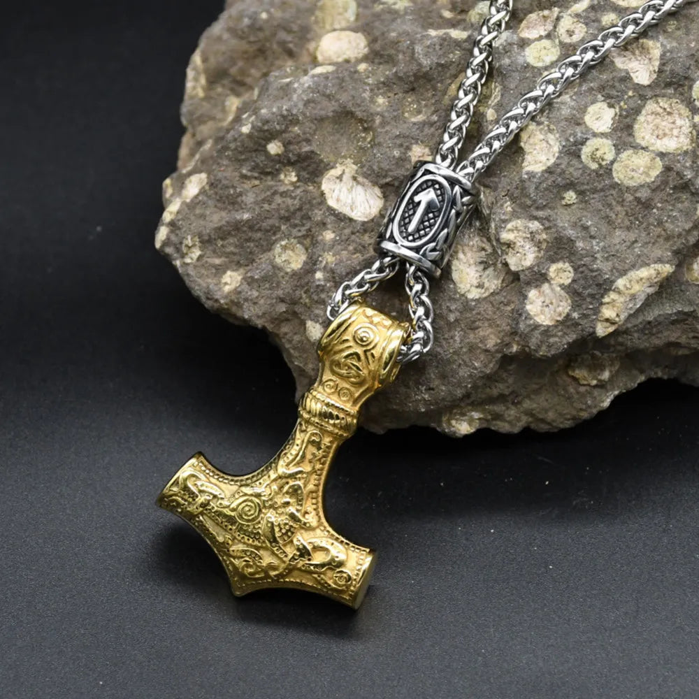 Norse Vikings Thor's Hammer Mjolnir Scandinavian Rune Amulet Keychain Stainless Steel Vegvisir Anchor Pendant Male Jewelry