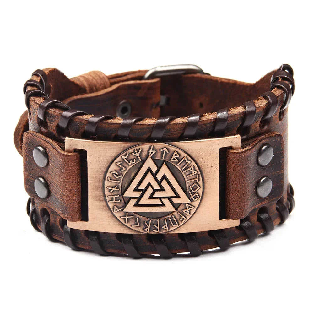 Punk Braided Rope Alloy Bracelet Wristband Adjustable Genuine Leather Bracelet Mens Leather Viking Totem Wristbands Wide Bangle