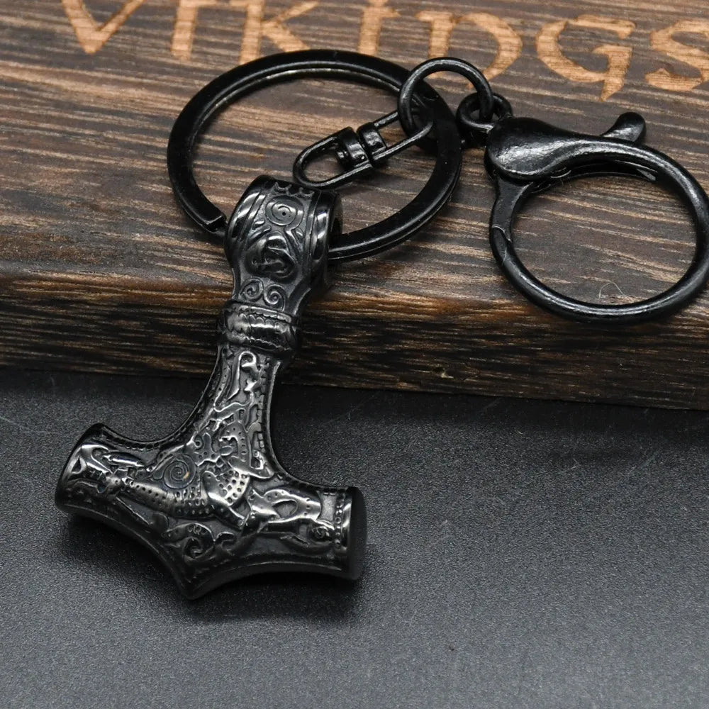 Norse Vikings Thor's Hammer Mjolnir Scandinavian Rune Amulet Keychain Stainless Steel Vegvisir Anchor Pendant Male Jewelry