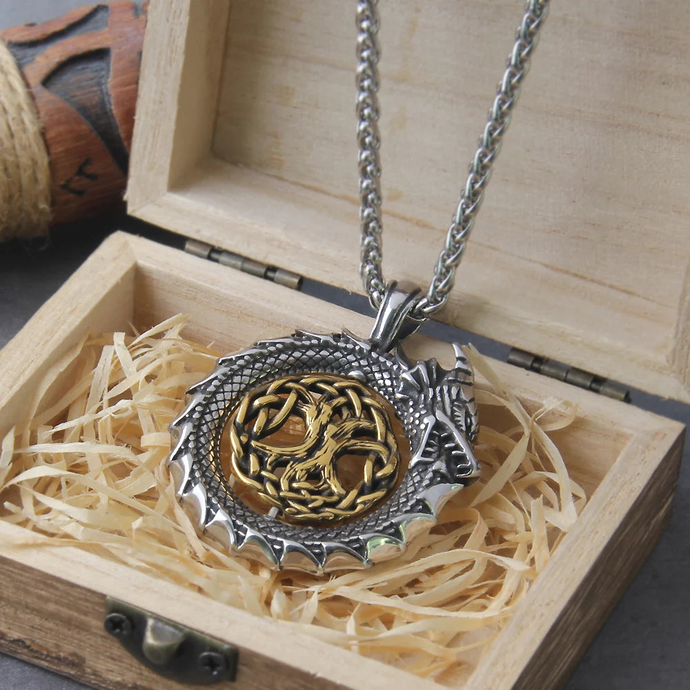 Fashion Gold Color rotating life tree in Amulet ouroboros Pendant Necklace with vikings wood box as men gift
