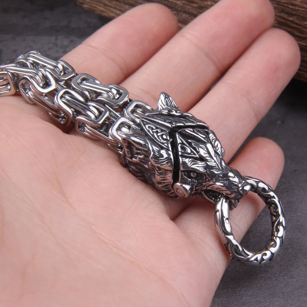 Never Fade Rock Viking Wolf Charm Bracelet Men's Stainless Steel Mesh Chain silver color Wolf Punk Bracelets Biker Jewelry