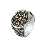 Gold Trimmed Viking Compass Vegvisir Ring With Axe