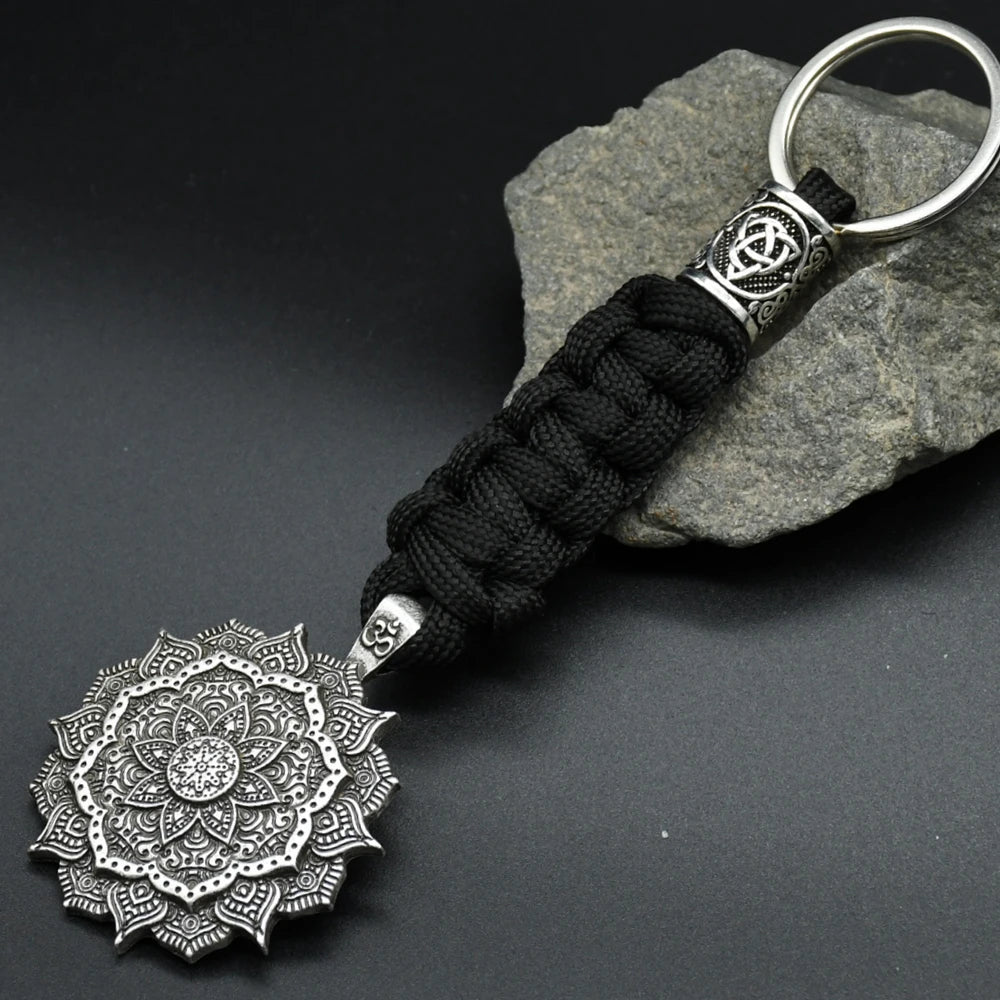 1pcs mandala YOGA keychain OM amulet Pendant Keyring Paracord Rope Norse Pirates Rune Valknut Amulet Jewelry Gift