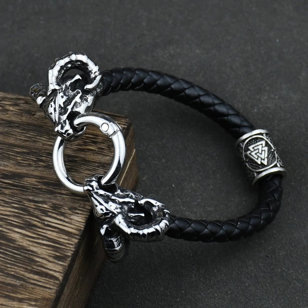 Viking Goat Head Bracelets Men Stainless Steel Vintage Viking Bangles rune Amulet Leather Icelandic Jewelry