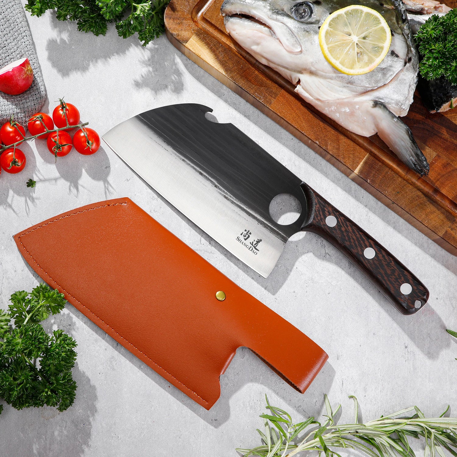 SHANGDAO 7"Deba Knife, Hand Forged Cleaver Butcher Knife for Meat Cutting, Japanese Kitchen Viking Knife with Sheath