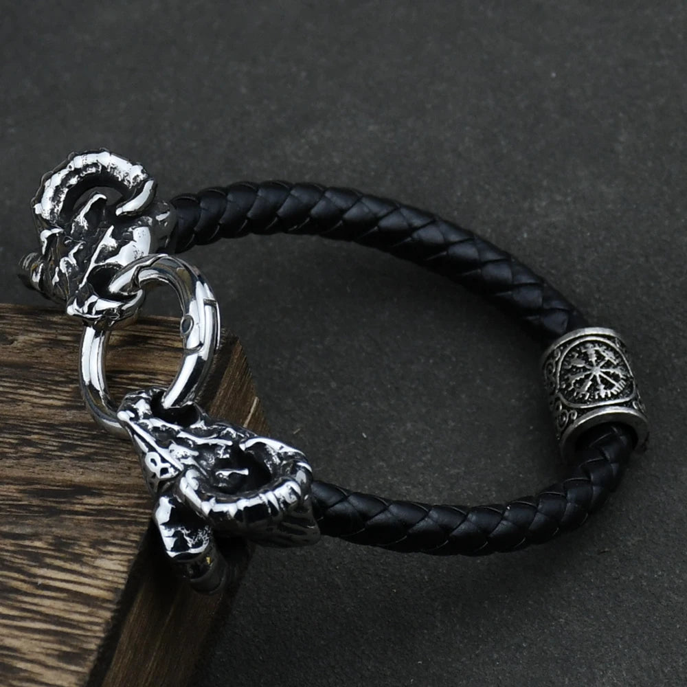 Viking Goat Head Bracelets Men Stainless Steel Vintage Viking Bangles rune Amulet Leather Icelandic Jewelry
