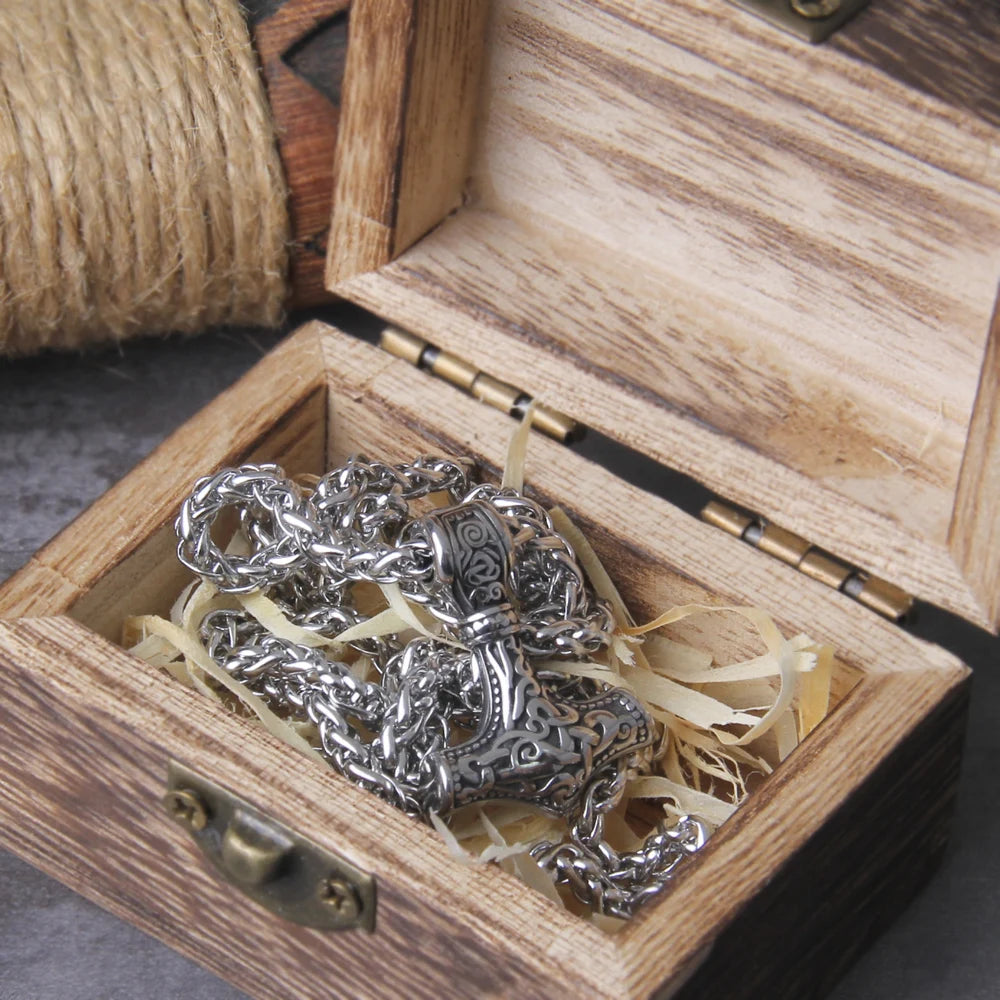 Stainless Steel 2cm Small Thor's Hammer Necklace - Wooden Box as Gift - Viking Necklace