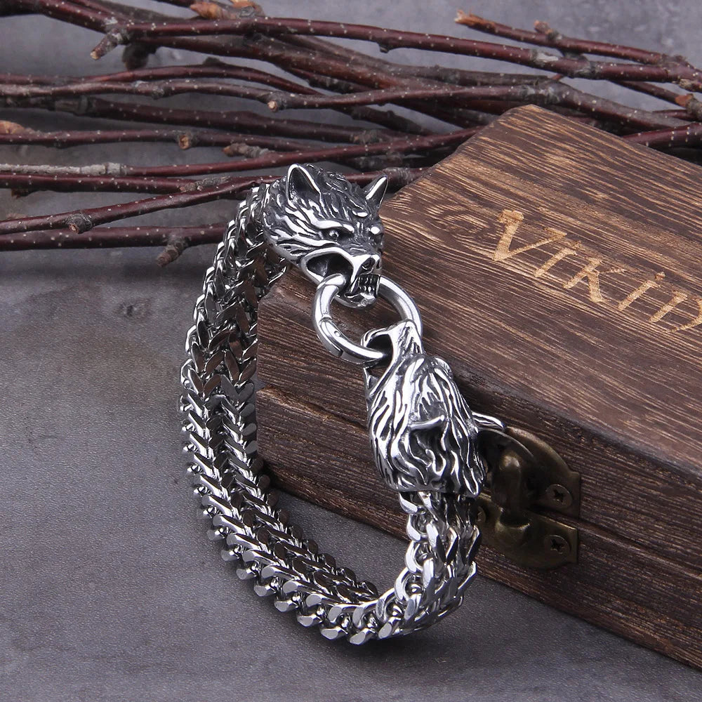 Never Fade Rock Viking Dragon Charm Bracelet Men's Stainless Steel Mesh Chain silver color Wolf Punk Bracelets Biker Jewelry