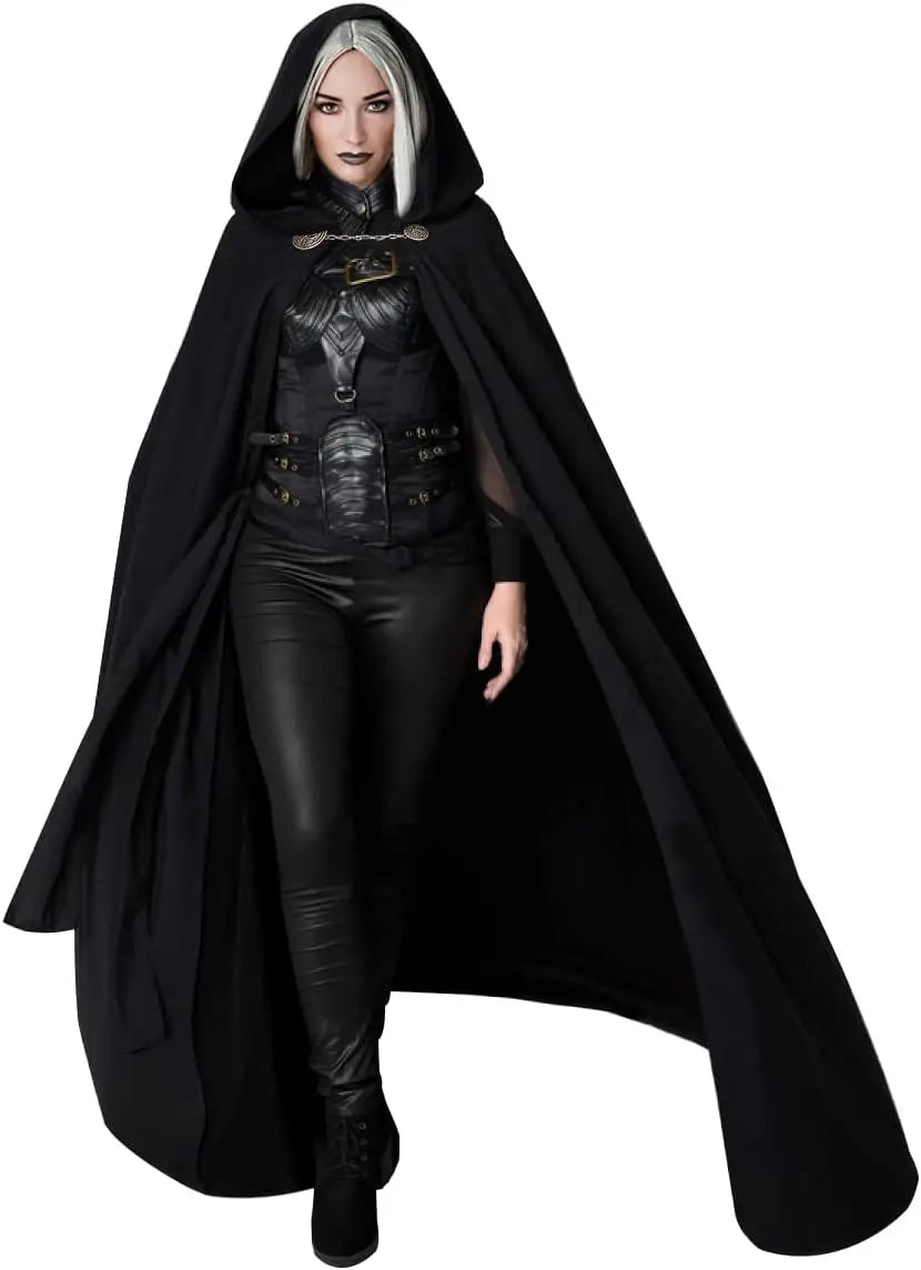 Viking Hooded Cape – Medieval Black Renaissance Cloak with Hood, Chain Clasp for Halloween, Cosplay & Costume Events