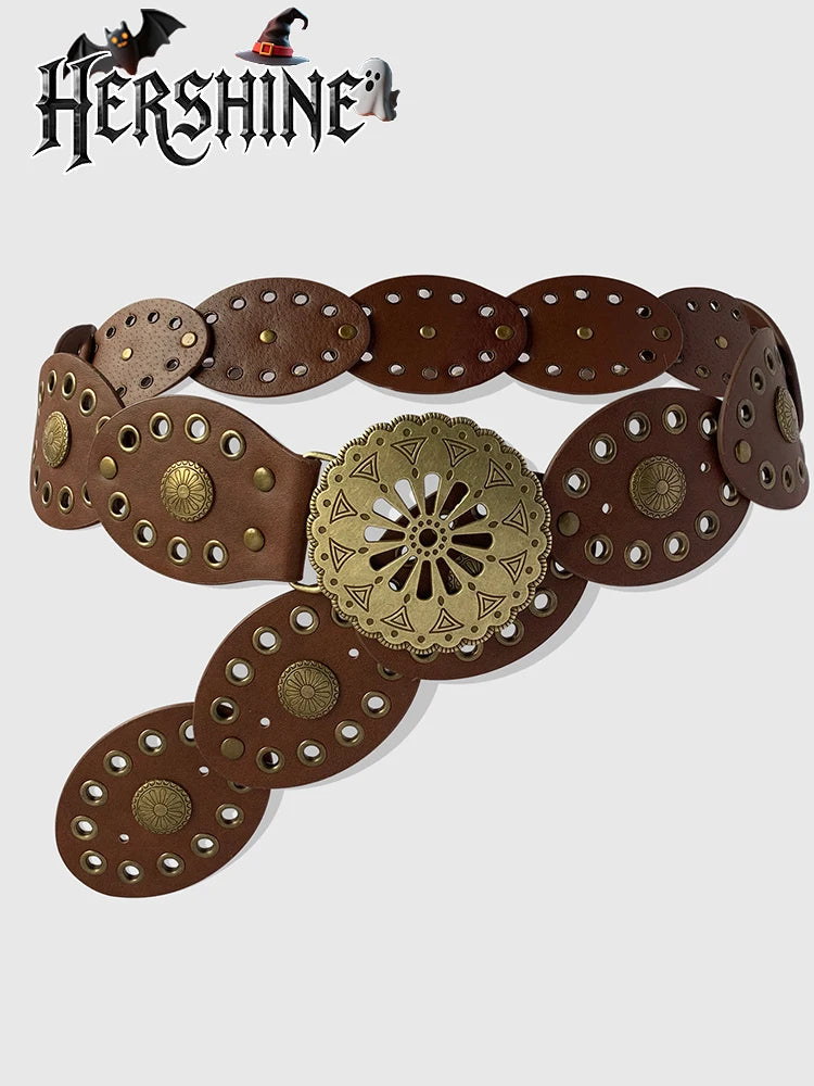 1 Pack Women's Hollow Flower Buckle Brown Oval Splicing Belt Belt Round Metal Eyelets Bohemian Western Style Viking Style