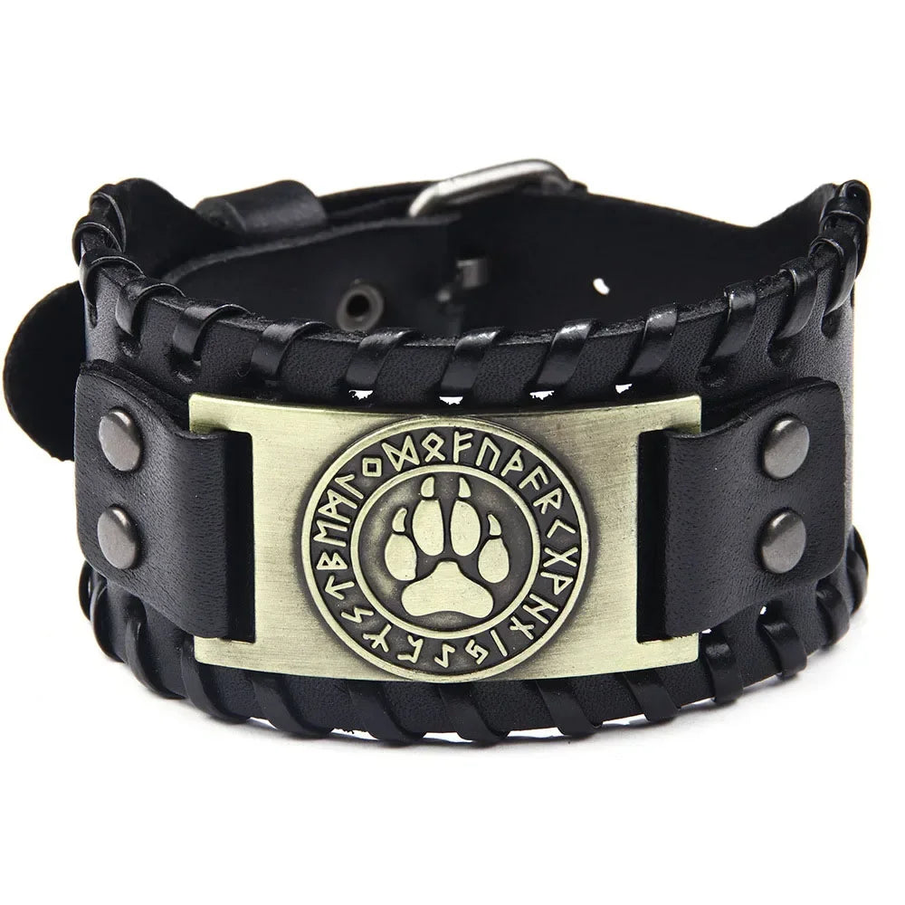 Punk Braided Rope Alloy Bracelet Wristband Adjustable Genuine Leather Bracelet Mens Leather Viking Totem Wristbands Wide Bangle