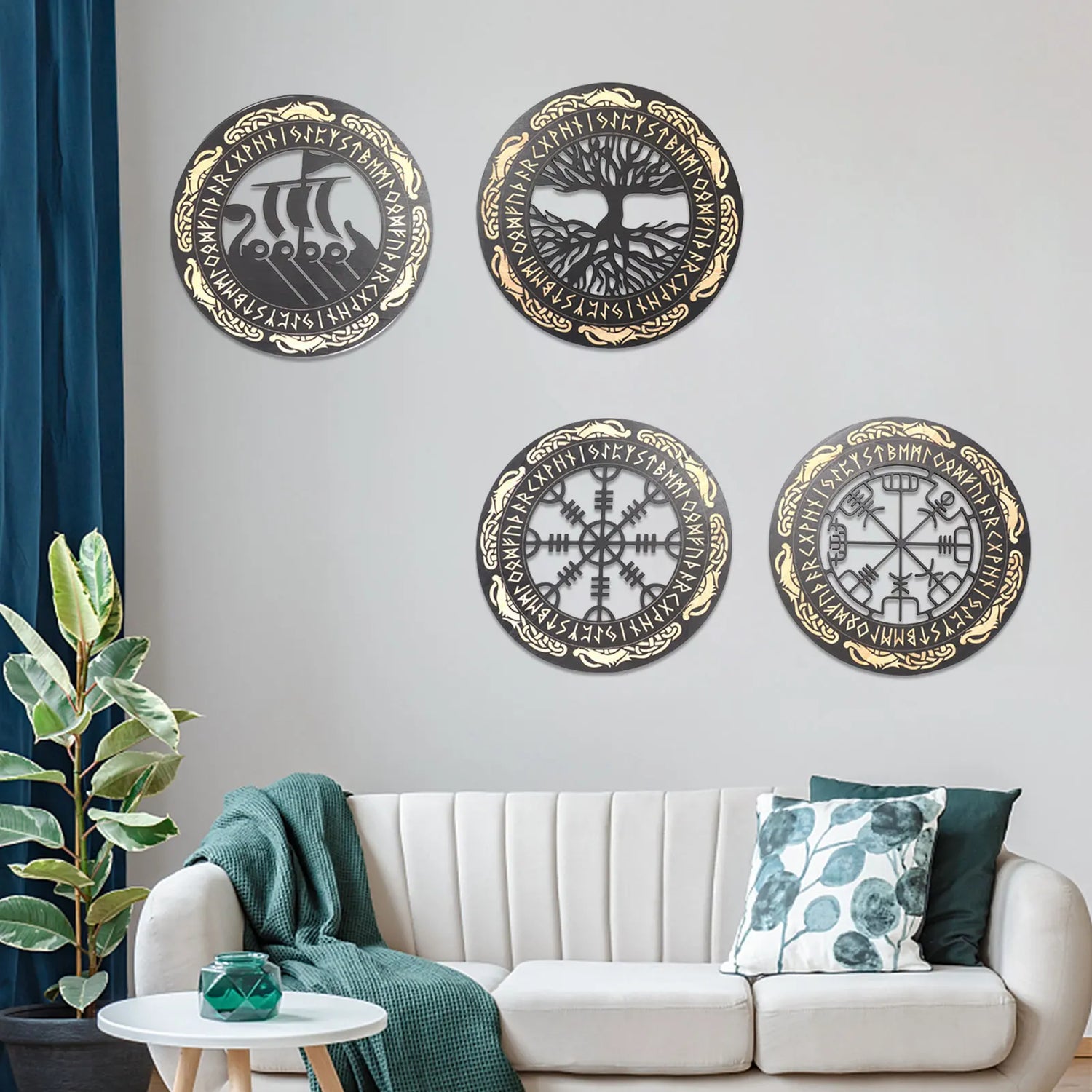 4PCS Set Round Wall Art Nordic Viking Runes Wooden Wall Decor Celtic Family Trees Viking Decor Amulet Sign Home Office Decor