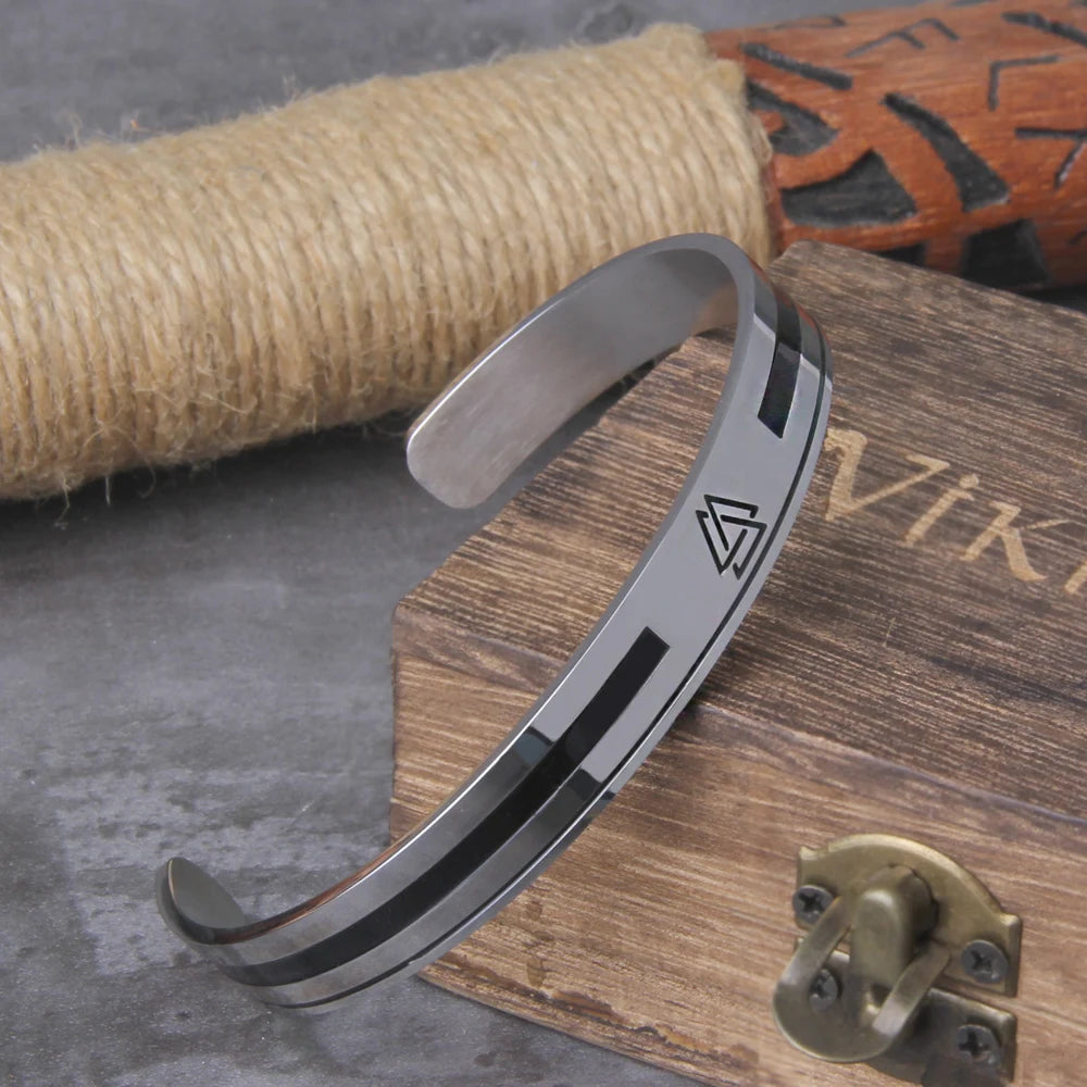 Stainless Steel Men's Handmade Nordic Valknut Bangle Viking Never Fade with wooden box as gift never fade