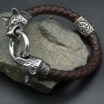 Viking rune bead Wolf Head Bracelet Stainless Steel Animal head Leather Bracelet For Women men gift