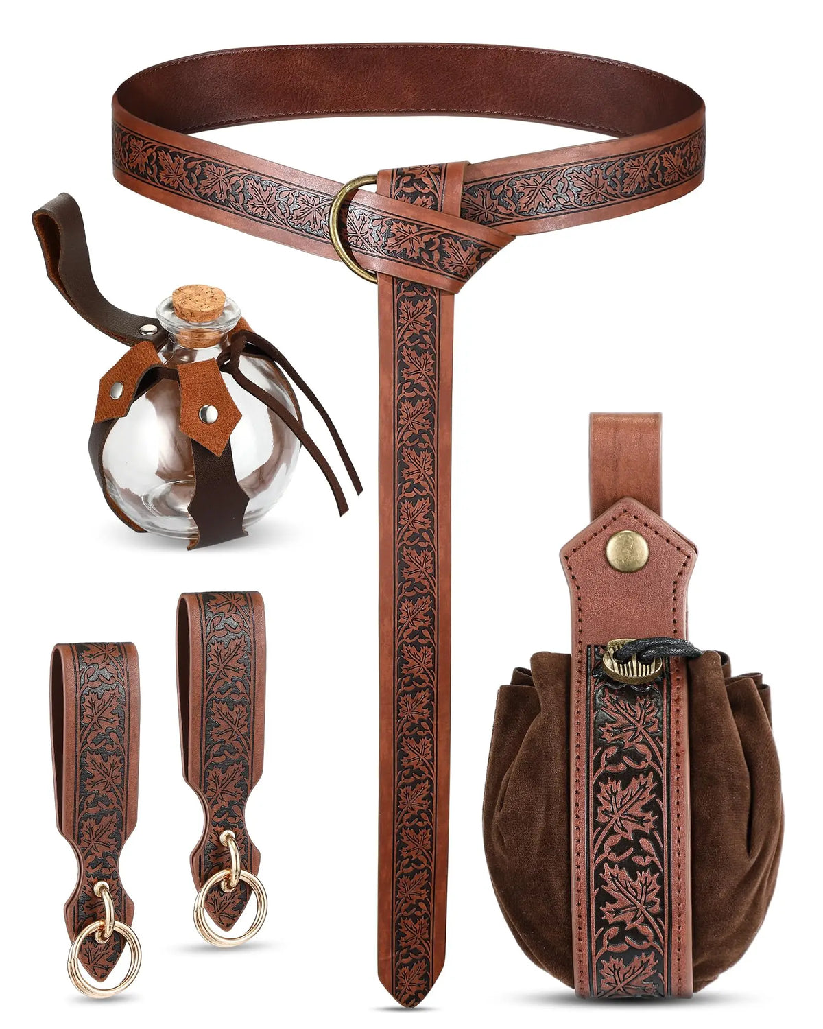 5-Piece Set of Unisex Renaissance Viking Steampunk, Medieval, Renaissance, Artificial Leather Belt, Hiking, Bottle, Wallet