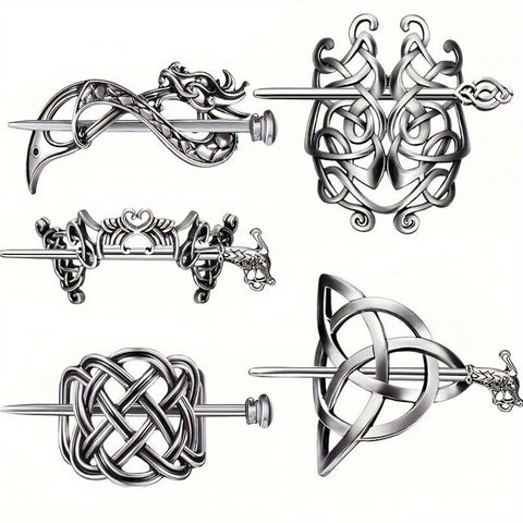 5 Pcs Viking Celtic Long Hair Clips - Vintage Silver Celtic Knot Hair Stick Jewellery Hair Slide and Metal Hairpin Barrettes