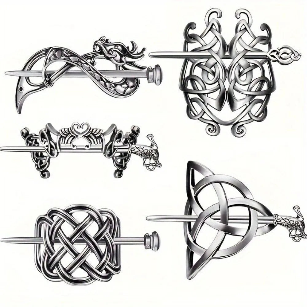 5 Pcs Viking Celtic Long Hair Clips - Vintage Silver Celtic Knot Hair Stick Jewellery Hair Slide and Metal Hairpin Barrettes