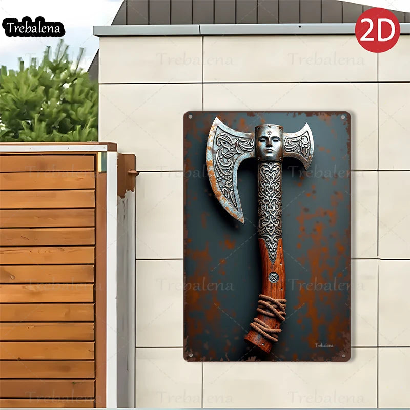 1PC 2D Flat 8*12inch Metal Sign Viking Axe Art Rustic Style Wall Decor