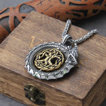 Fashion Gold Color rotating life tree in Amulet ouroboros Pendant Necklace with vikings wood box as men gift