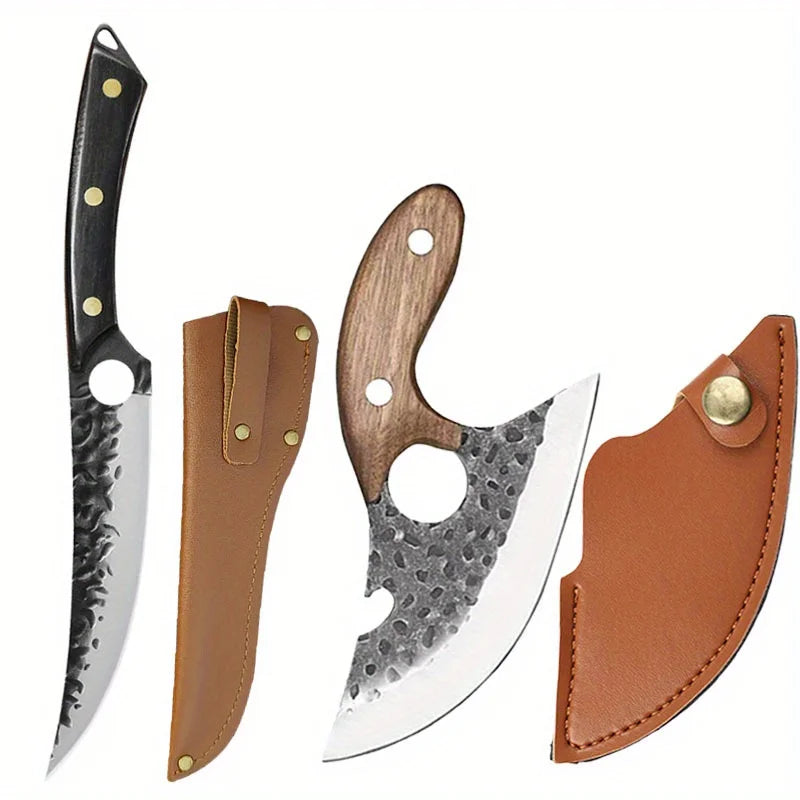 2Pcs Kitchen Chef Knife Hand Forged Stainless Steel Mini Multipurpose Boning Slicing Knife with Laser Damascus Pattern Perfect