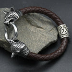 Viking rune bead Wolf Head Bracelet Stainless Steel Animal head Leather Bracelet For Women men gift