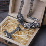 Never Fade viking men thor hammer with Open Mouth wolf head necklace and mjolnir with vikings wooden box as gift