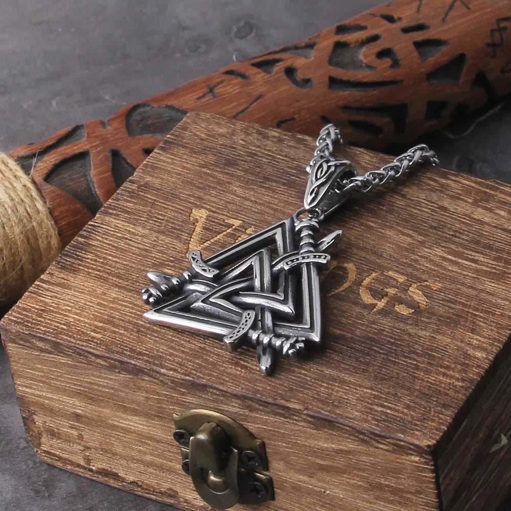 Stainless Steel Sword Valknut Necklace Packed by Wooden Box as Gift - Perfect Viking Jewelry for Men