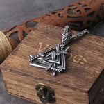 Stainless Steel Sword Valknut Necklace Packed by Wooden Box as Gift - Perfect Viking Jewelry for Men