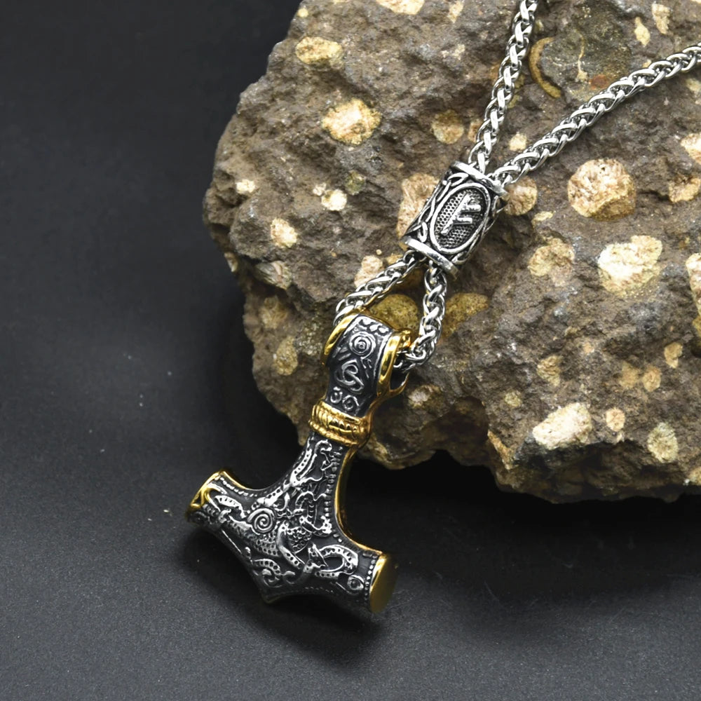 Norse Vikings Thor's Hammer Mjolnir Scandinavian Rune Amulet Keychain Stainless Steel Vegvisir Anchor Pendant Male Jewelry
