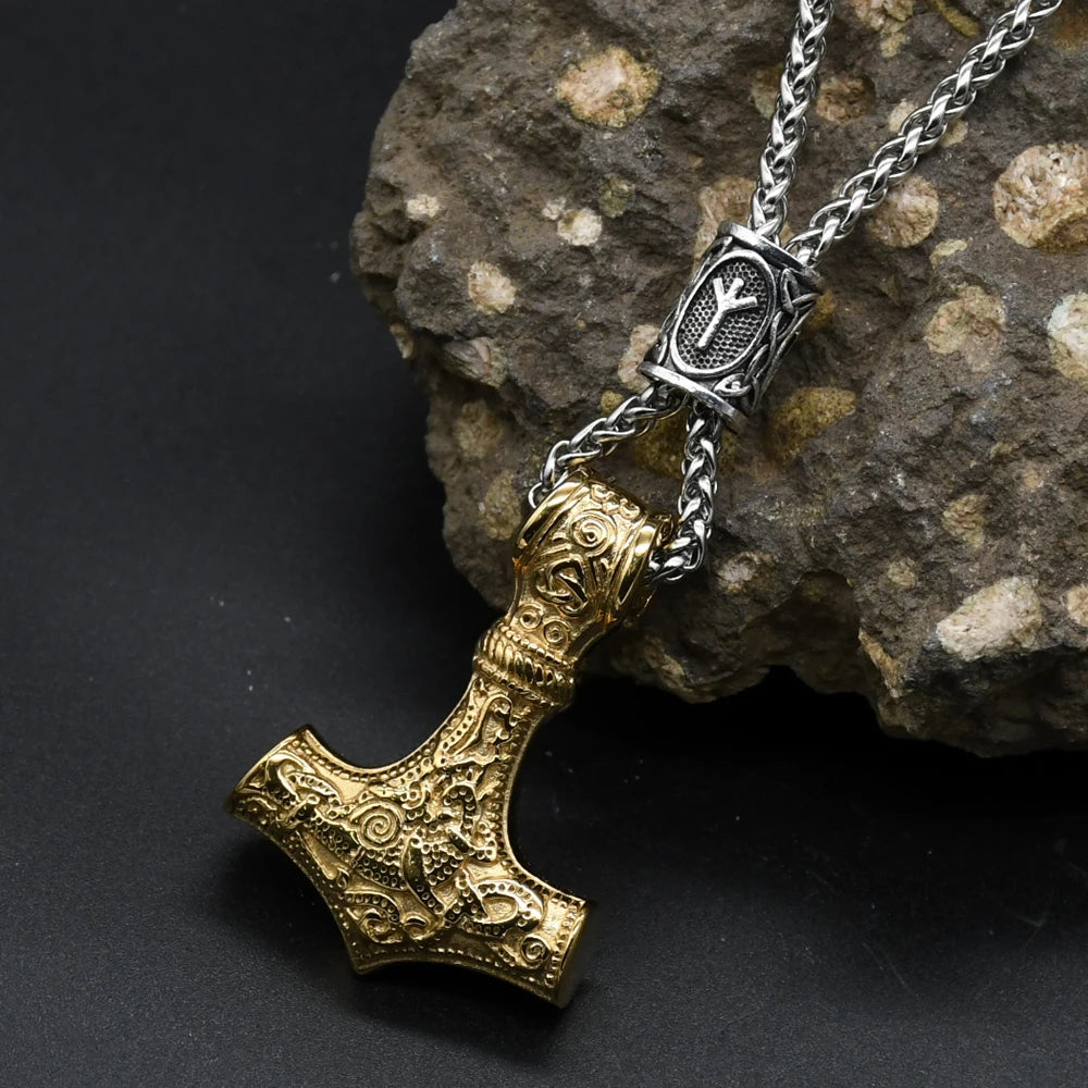 Norse Vikings Thor's Hammer Mjolnir Scandinavian Rune Amulet Keychain Stainless Steel Vegvisir Anchor Pendant Male Jewelry