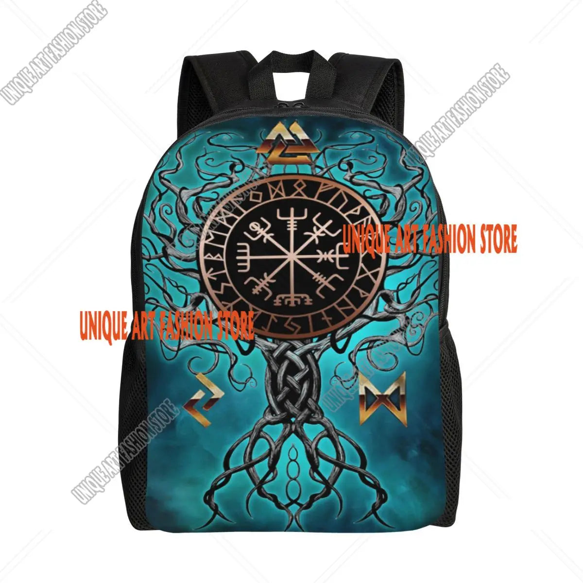 Viking Vegvisir Tree Of Life Backpack for Men School College Student Bookbag Fits 15 Inch Laptop Vikings Valhalla Moon Wolf Bags