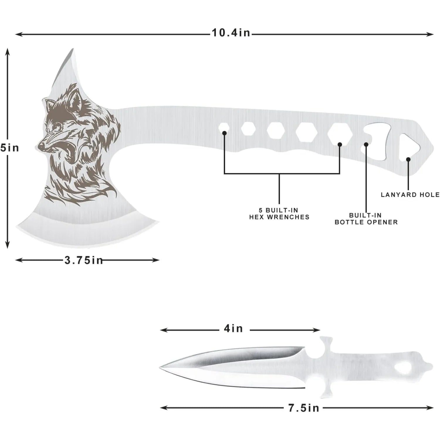 3-Piece Throwing Axe & Tomahawk Set with Built-in Corkscrew & Protective Sheath, Full Tang Stainless Steel 10.4'', Silver