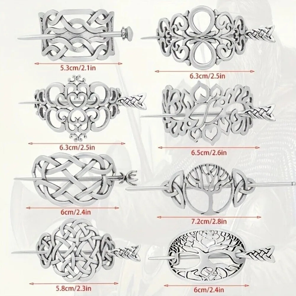 8PCS Hair Clips, Viking Celtic Hair Sticks, Celtic Knot Hairpin, Retro Silver Vintage Metal Hair Barrette, Viking Jewelry Clip