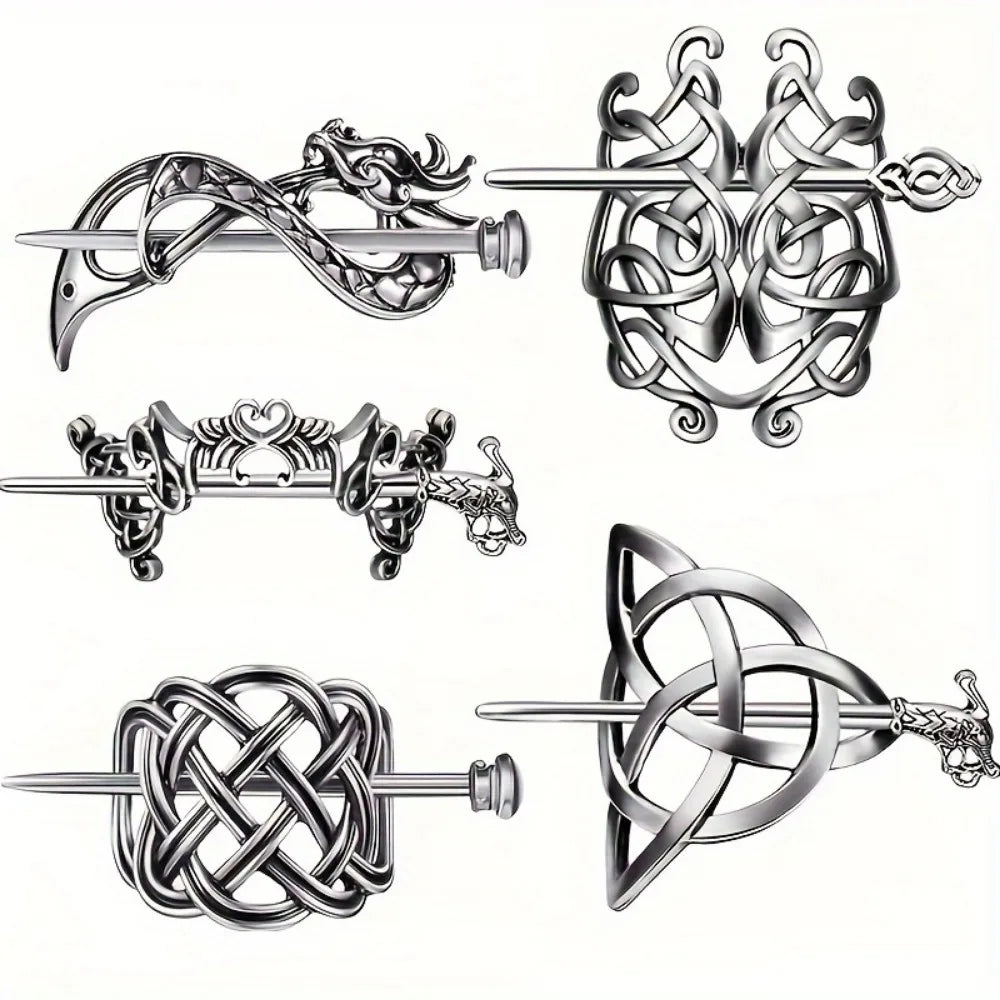 5 Pcs Viking Celtic Long Hair Clips - Vintage Silver Celtic Knot Hair Stick Jewellery Hair Slide and Metal Hairpin Barrettes