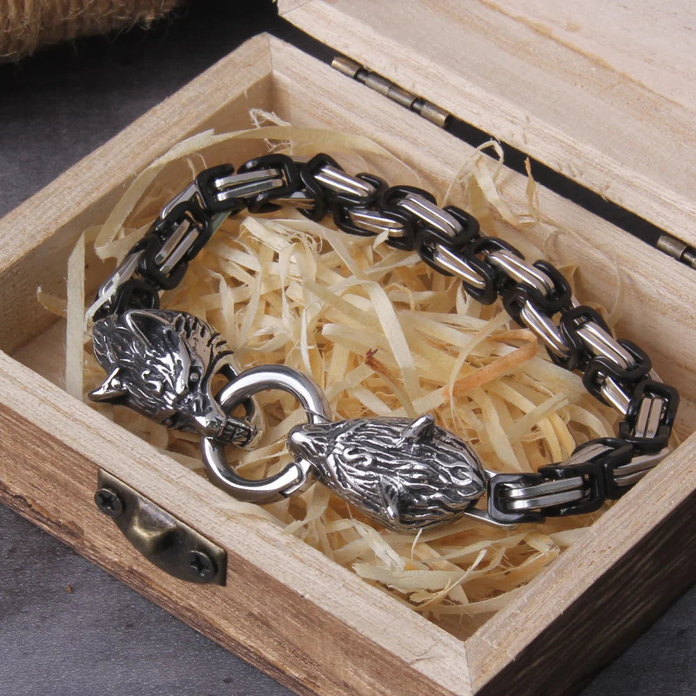 Never Fade Rock Viking Wolf Bracelet Men's Stainless Steel King Chain Wolf Punk Bracelets Biker Jewelry without box