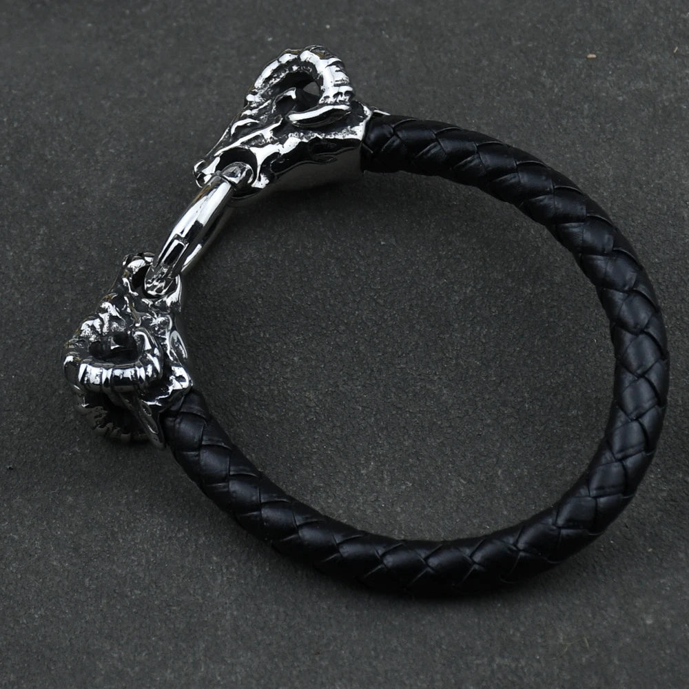 Viking Goat Head Bracelets Men Stainless Steel Vintage Viking Bangles rune Amulet Leather Icelandic Jewelry