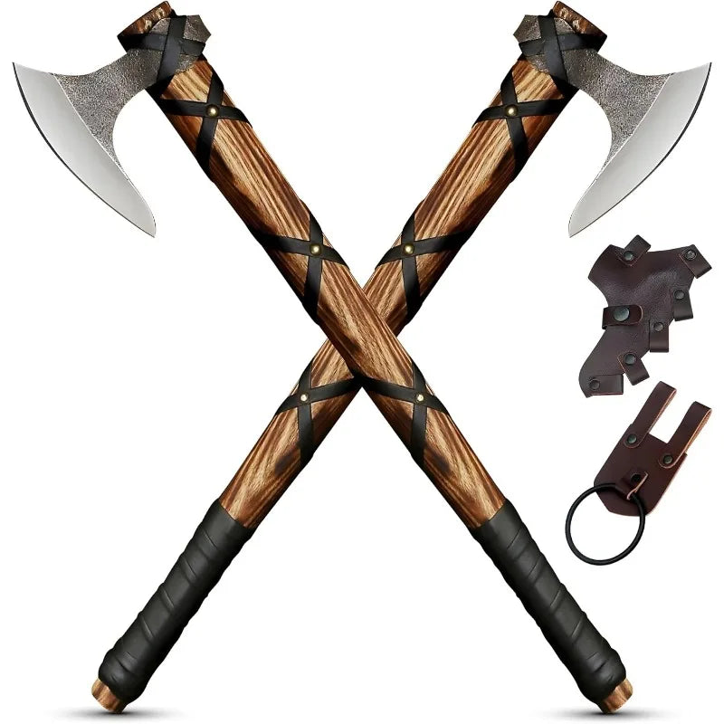 Pair of Ragnar Lothbrok Viking Axes – Hand-Forged High Carbon Steel Norse Bearded Axes Handcrafted Ash Wood Handles